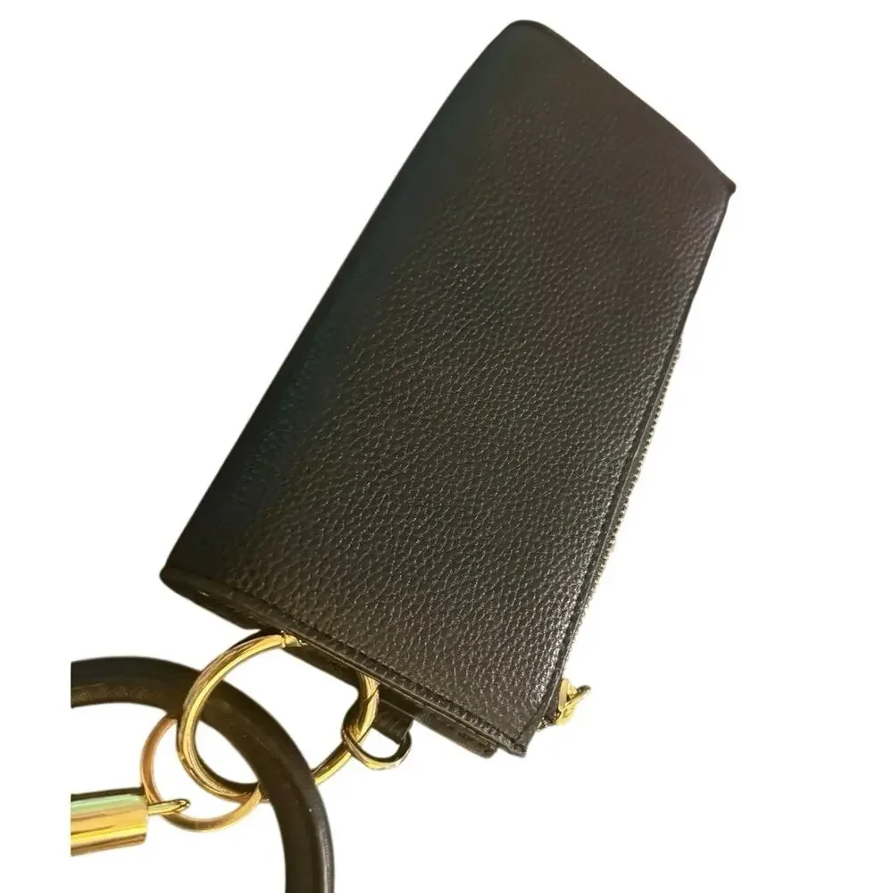 Nanette Lepore Black Pebbled Faux Leather Wristlet Wallet Clutch Gold Tone